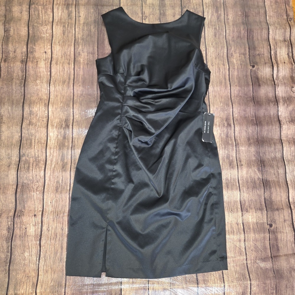 The Limited Satin Ruched Sheath Dress Women 14 Black Side Slit Formal Cocktail